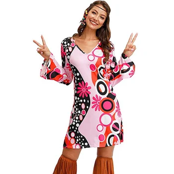 Halloween Cosplay Kostīms Sieviešu Modes Dresss 2023 Sieviešu apģērbu Hipiju Kostīms Drukas Kleita 1970 Sievietes Puses Kleita