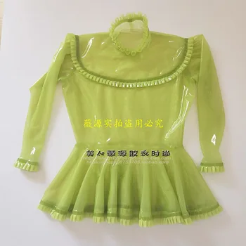 Sexy Sievietes Pārredzamu Apple Green Lateksa Blūze Gumijas Krekls ar garām Piedurknēm Tops ar Mežģīnēm