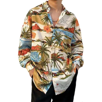 2023 Pavasara Vasaras Kokosriekstu Koku Krekli Vīriešiem Iespiesti Havaju Pludmales Krekls Ar Garām Piedurknēm Ielu Modes Topi Vīriešu Blūze Camisa