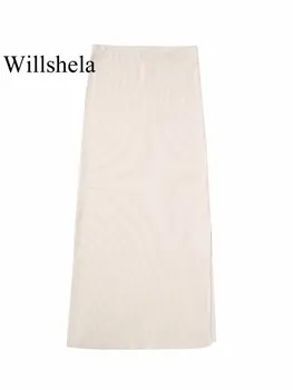 Willshela Sieviešu Modes Bēša Sānu Spraugas Slim Pieguļošs Trikotāžas Midi Svārki Vintage Augsti Elastīgs Viduklis Sieviešu Šiks Lady Svārki