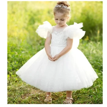 Puķu Meitene Kleita Svētā Pūkains Mežģīnes Jauki White Angel Princess Kāzu Svinības, Balle Sapnis Bērniem Dāvanu Pirmās Komūnijas Svētki