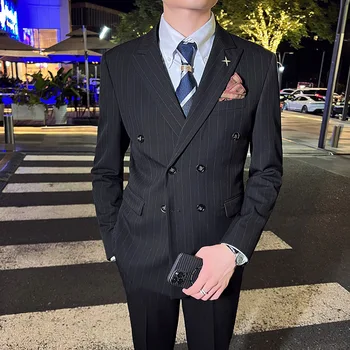 2023New modes korejas versija slim (Žakete+ veste + bikses) vīriešu divrindu svītraina Žakete trīs-gabalu groomsman uzvalks