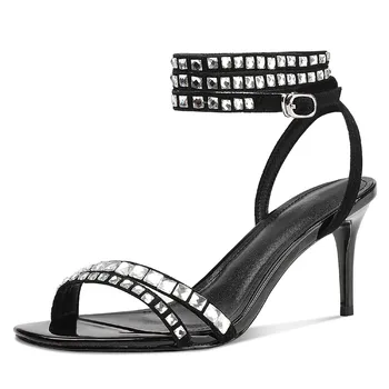 Sieviešu dabīgas zamšādas ādas kristāla plānas augsta papēža potītes siksniņu sandales elegantas dāmas šaurā joslā eveninng kleita sūkņi apavi