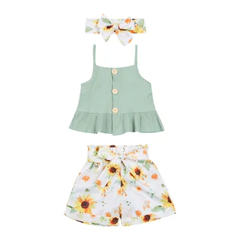 Jaunu 3Pcs/Set Baby Girl Apģērbu Svaigu Cieto Krāsas Pogu, Kamzolis un Ziedu Apsēju, Īsās Bikses un Galvas stīpa