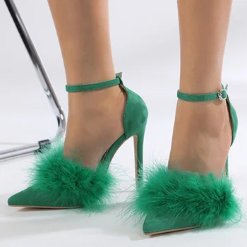 2023 Jaunu Un Seksīgu Norādīja Toe Augstiem Papēžiem Sūkņi Modes Zaļu Pūkainu Spalvu Vasaras Duncis Sandales Sieviešu Puse Kleita Apavi