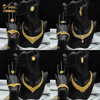 Āfrikas Kristāla Rotaslietas Komplekti, Kāzu Dubaija Zelta Krāsas Kaklarota, Rokassprādze Auskari Gredzenu Komplektu Līgavas Zelta Pārklājumu Arābu Jewelries Dāvanas