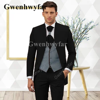 GwenhwyfarNew Vīriešu Melns Izšūšanas Houndstooth Slim Vienu-krūšu Uzvalks Modes Jaka Kāzu Līgavainis Puse 3-gabals Uzvalku