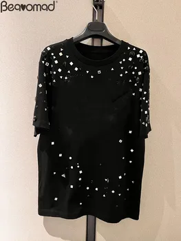 Bearomad Augstas Kvalitātes Dizaineru Modes Vasaras Vintage Black Krāsu Dimantu, T-krekls, Sieviešu Topi ar Īsām Piedurknēm Taisni T-krekls