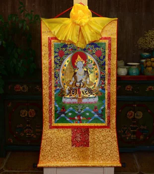Tibetas Budu Apdrukāta Zīda apzeltīts Thangka Thangka Baltā Tara Guanyin 35cm