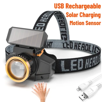 Saules Uzlādes XPE LED Lukturis Kustības Sensors priekšējo Lukturu un Baterija Galvas Lukturīti USB Ūdensizturīgs Nometnē Lukturi Lukturi Darba Gaismas