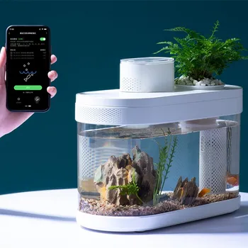 Ģeometrija Akvārija Komplekts Smart Zivju Tvertnes ar LED Gaismas Filtrēšanas Sistēma Kluss Ūdens Sūknis Maza Augu Dekori Betta Zivis
