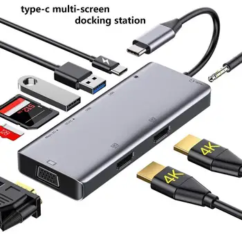 Dokstacija 9-in-1 Triple Display Adapteri 2 HDMI-saderīgam VGA PD3.0 Micro-SD/TF Karšu Lasītājs, 3,5 mm Audio USB-C Hub for PC