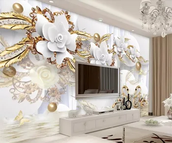 CCustom Sienas 3D Apli Luksusa Tapetes Zelta White Flower Ball Rotaslietas Fona Sienas Dzīvojamā Istabā, Guļamistabā Dekoratīvā Krāsošana