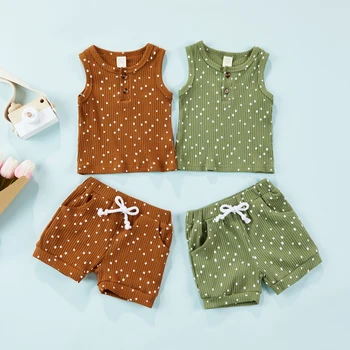 Citgeett Summer Infant Baby Meiteņu, Zēnu Apģērbu Komplekti Punkti Modelis Adīts Pogas Bez Piedurknēm Topi Elastīga Vidukļa Bikses, Uzvalks