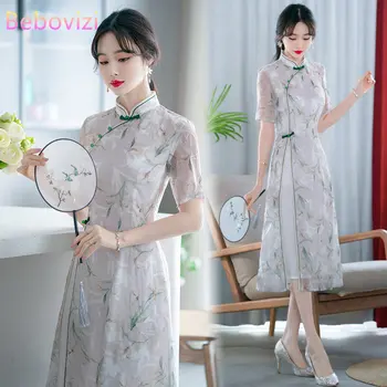 Jaunu Stilu, Elegants Retro Qipao Īsām Piedurknēm Kleita Tradicionālo Ķīniešu Cheongsam Sieviešu Apģērbs
