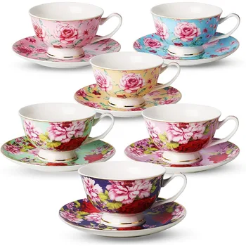 Tējas Tases un Apakštases Komplekts, 6, Tējas Komplekts, Ziedu Tējas Tases (8oz), Tējas Tases un Apakštases Kopums, Tējas Komplekts, Porcelāna Tējas Tases