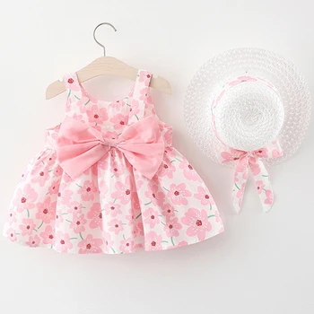 2023 Vasaras Bērnu Apģērbu Toddler Meitene Kleitas korejas Cute Bow bez Piedurknēm, Ziedu Princese Kleita+Sunhat Bērnu Apģērbu Komplekts BC003