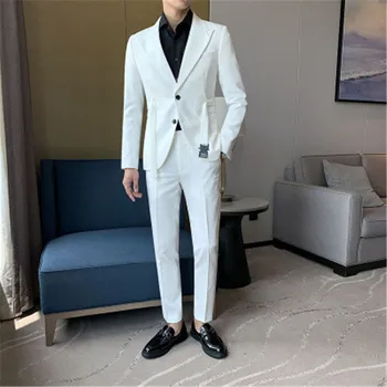 2 Gabals Kostīmi ar Biksēm Luksusa Vīriešu Uzvalki Komplekts Jostas Dizainers Slim Fit Balta Žakete, Kāzu Balles Kleitu Cilvēks Gadījuma Ternos Kostīms
