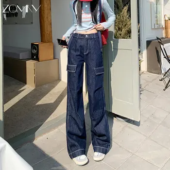 ZOMRY Y2K 2023 Jaunu Sieviešu korejiešu Stilā, Zems Viduklis Plats Kāju Vaļīgas Bikses Dāmas Apģērbu Streetwear Šiks Taisni Džinsi XS-XL
