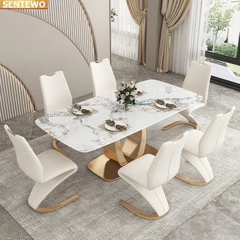 Dizainers Luksusa dinning room Marmora Akmens Plātne restorānvagonos tabulu 4 krēsli mesa de jantar esstisch marbre Nerūsējošā tērauda zelta bāzes
