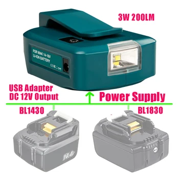 Adapteris LED Gaisma Darba Lampa USB Mobilā Telefona Lādētājs DC 12V Izejas izmantot Makita 14,4 V 18V Li-ion Akumulators BL1430 BL1830