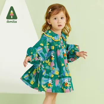 Amila Baby Girl Dress 2023 Pavasarī Jaunas 100% Kokvilnas, ar garām Piedurknēm Oriģinālo Drukas-Line Kleitas 0-6 Gadu Salds Bērnu Drēbes