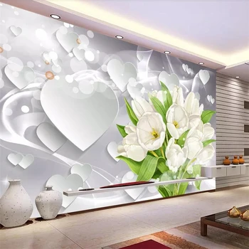Beibehang Custom tapetes, 3d sienas baltu tulpju pušķis sirds tipa dzīvojamā istaba fona sienas papīri mājas dekoru papel de parede