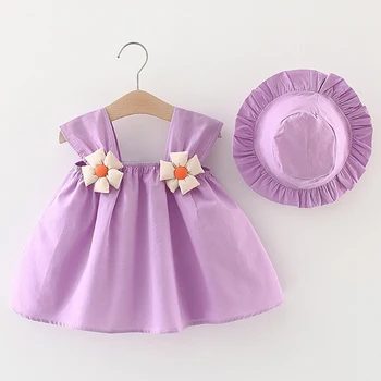 bērnu dzimšanas salds kleita ar cepuri ziedu ruffles beach brīvdienu kleitas linga princess puse drēbes toddler sundress 2gab/komplekts