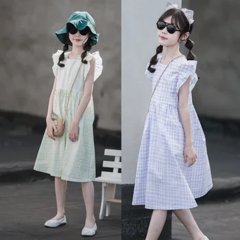 Meitenes, Pleds, Kas Peld Ar Piedurknēm Kokvilnas Brīvdienu Pludmales Kleita Vasaras 2023 Jauns Bērnu Modes Princese Gadījuma Kleitas Korejas Apģērbi