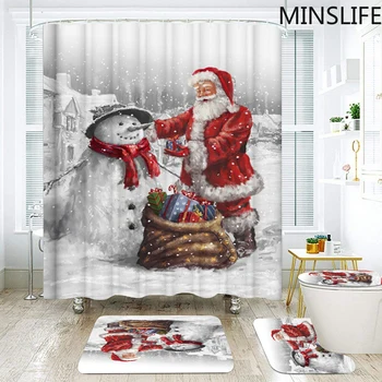 Ziemassvētku Sniegavīrs Santa Claus Modelis Vannas Istaba Dušas Aizkari Uzstādīt Neslīdoša Mat Tualetes Vāku, Vāka Ziemassvētku Paklāji Svētku Dekori