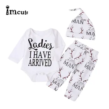 Imcute Baby Boy Apģērbs Smieklīgi Vēstuli ar garām Piedurknēm Bodysuits Toddler Bērnu Jumpsuit Gudrs Garas Bikses ar Cepuri Ziemassvētku Apģērbs
