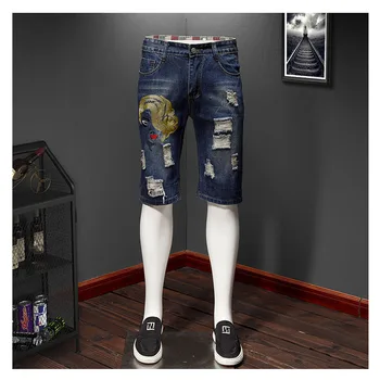 Vasaras plānas džinsa bikses vīriešu apgriezts bikses vaļīgas taisnu kāju bikses piecu punktu bikses jaunatnes vīriešu izšūts bikšu ripped