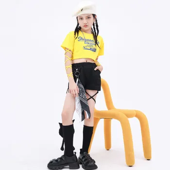 Mazulis Hip Hop Apģērbu, Dzeltena Drukas Mežģīnes Up Kultūru Top T Krekls Tee Black Iela Slim Fit Bikses Meitenēm Džeza Deju Tērpu Apģērbs