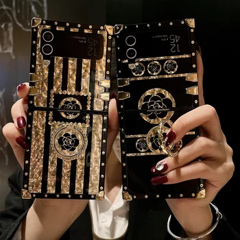 Luksusa Platinggold Spīguļi, Camellia Kniežu Laukumā Tālrunis Case For Samsung Galaxy Z Flip 4 3 5G Bling Rhinestone Gredzenu Turētājs Vāciņu