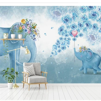 wellyu Pasūtījuma liels sienas 3d Ziemeļvalstu roku apgleznoti zilonis puķu bērnu guļamistaba, dzīvojamā istaba, TV fona 3d tapetes