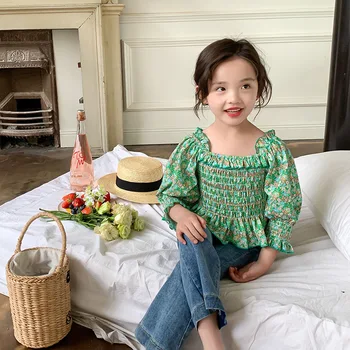Korejiešu Stilā, Bērnu Apģērbu 2023 Pavasara Jaunās Meitenes Zaļo Kreklu, Mazo Kvadrātveida Apkakles Lelle Krekls