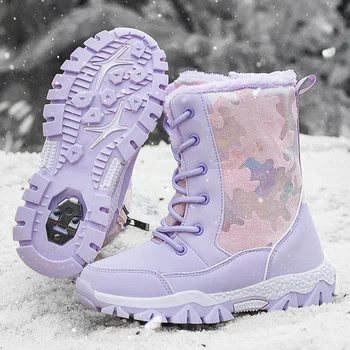 Ziemas bērnu zābaki Meiteņu plīša ūdensizturīgs zābaki Casual termiskas kurpes Bērnu modes čības Augstas kvalitātes sniega zābaki