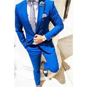 Jaunākās Royal Blue Vīriešu Uzvalki 2 Gabali Pasūtījuma izgatavotu Kāzu Pasūtījuma Līgavainis Tuxedos Groomsman Puse Tērps Cilvēks Jaka+Bikses