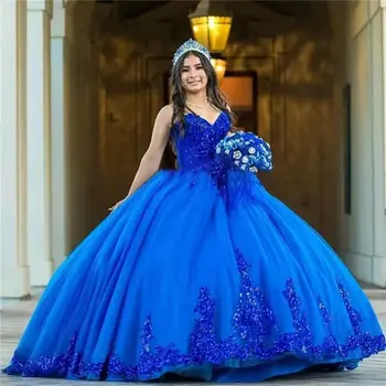 ANGELSBRIDEP Royal Blue Royal Blue Quinceanera Kleitas Mežģīnes Appliques Sequined Princese Slavenību Sweet 16 Kleitas Vestidos De Xv