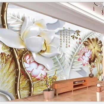 beibehang Pielāgota dzīvojamā istaba guļamistaba tapetes, krāsains cirsts reljefs mājas un bagāts lotus Ķīniešu fona sienas