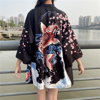 Sieviešu Tradicionālā Melnā Karpas Drukāt Kimonos Haori Japāņu Yukata Sieviešu Āzijas Apģērbs Kimono Jaka Krekls