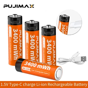 PUJIMAX 2/3/4/6/8pcs AA Litija Baterijas Tips-C Kontaktligzda Uzlādes Uzlādējams Li-ion Akumulators Elektrisko Skuvekli LED Lukturīti