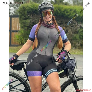 Sieviešu Violeta Īsām Piedurknēm Riteņbraukšana Triatlona Drēbes Skinsuits Komplekti Modes Macaquinho Ciclismo Feminino 20D Pad Jumpsuit Komplekti