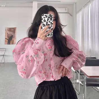 Rozā Ziedu Puff Sleeve Sieviešu Krekls Cēloņu Savukārt Apkakle Īss Blūzes Pavasara korejas Elegants Blusas Femme 2022 Jaunas