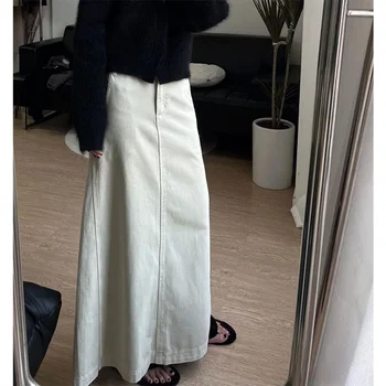Balts Ilgi Džinsa Svārki ar Šķēlumu Sieviešu korejiešu Stilā Preppy Y2k Streetwear Vintage Jeans Maxi Svārki ar Augstu Jostas Harajuku