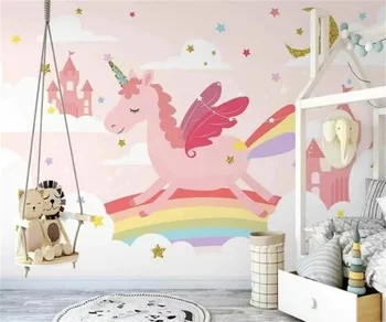 Karikatūra tapetes Ziemeļu puses-krāsotas rozā vienradzis varavīksnes zvaigžņotām debesīm bērnu istabas fona sienu apdare, 3D tapetes