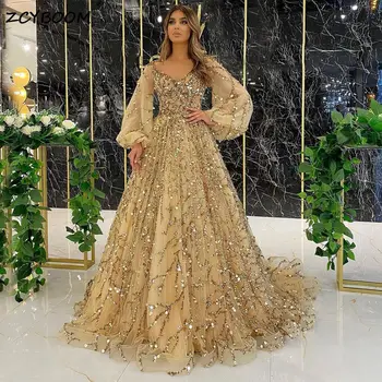 Luksusa Dubaija Zelta Sequined Noapaļošana-Line Vakara Kleitas Sievietēm 2023 Kāzu Puse, Elegants Musulmaņu Arābu Oficiālās Balles Kleitas