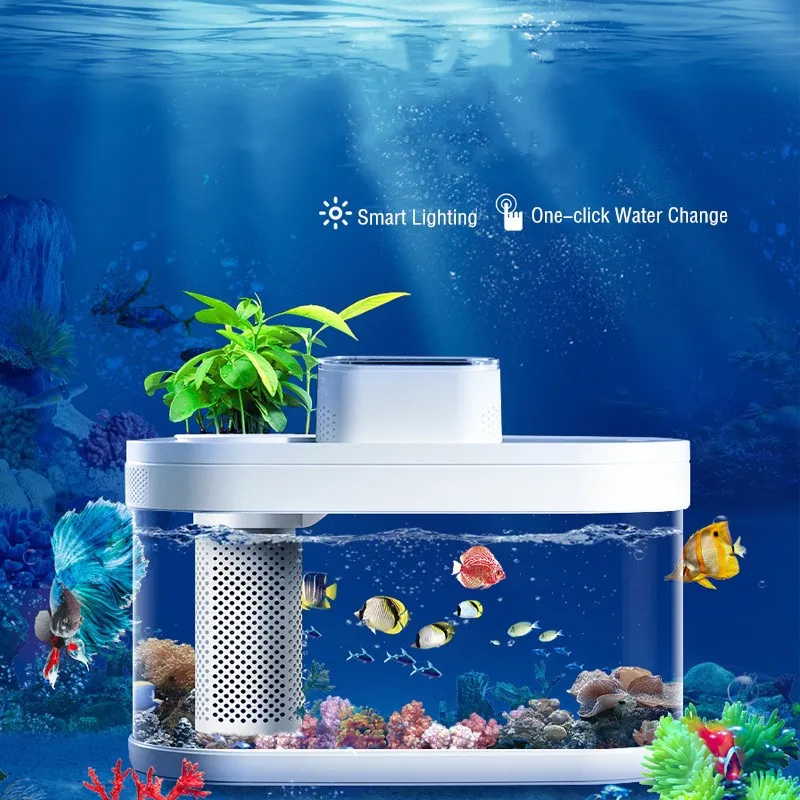 Ģeometrija Akvārija Komplekts Smart Zivju Tvertnes ar LED Gaismas Filtrēšanas Sistēma Kluss Ūdens Sūknis Maza Augu Dekori Betta Zivis5